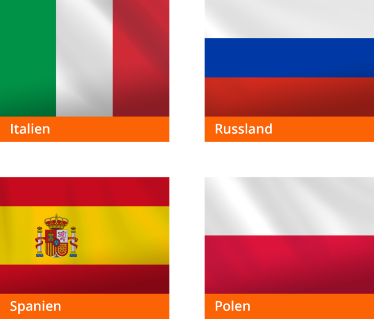 Flaggen: Italien, Russland, Spanien, Polen